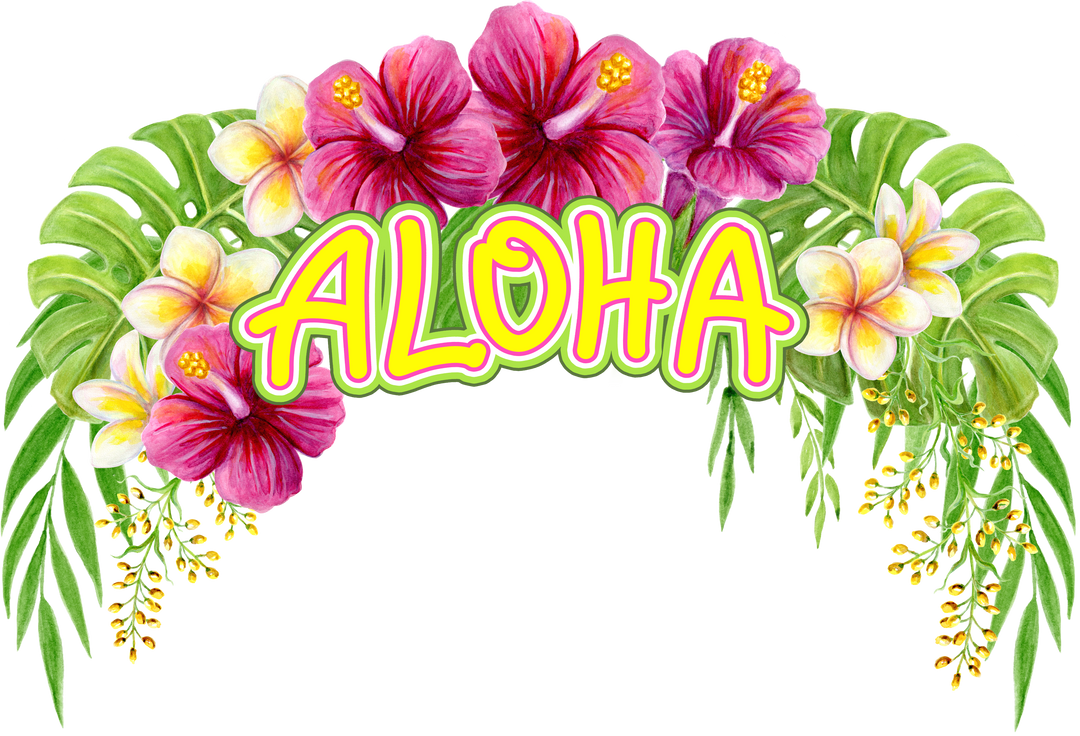 Aloha Hawaii greeting. Tropical watercolor flowers